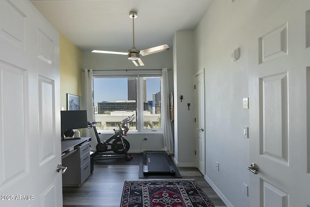 exercise room with baseboards, ceiling fan, and dark wood finished floors