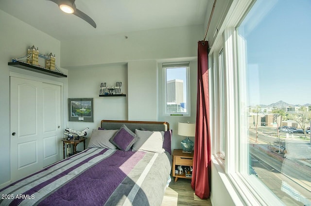 bedroom with ceiling fan and wood finished floors