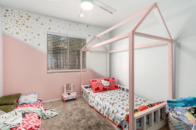 carpeted bedroom featuring ceiling fan