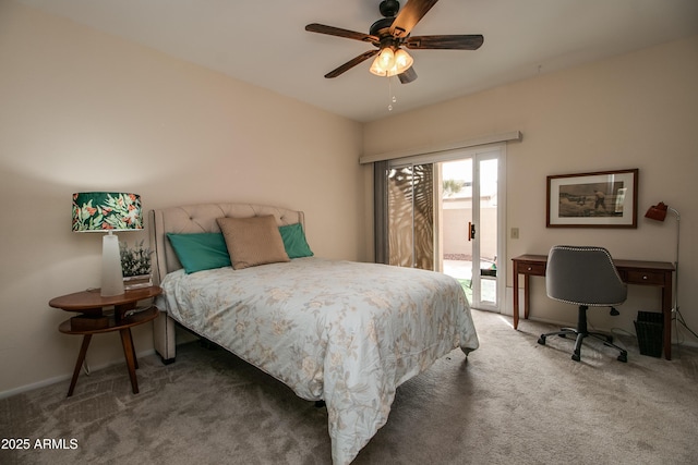 bedroom featuring dark carpet, access to exterior, and ceiling fan