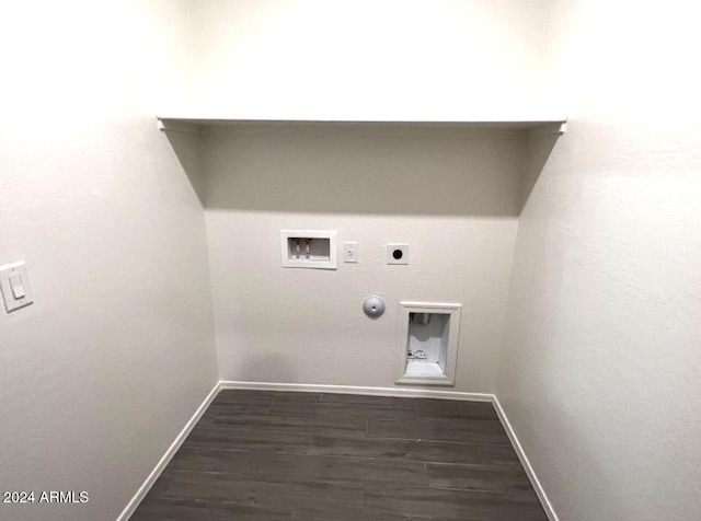 clothes washing area with hookup for a washing machine, hookup for a gas dryer, dark hardwood / wood-style floors, and hookup for an electric dryer