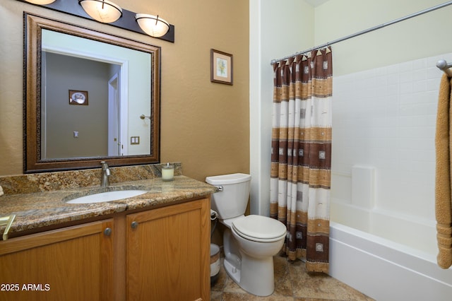 full bathroom featuring toilet, vanity, and shower / bathtub combination with curtain