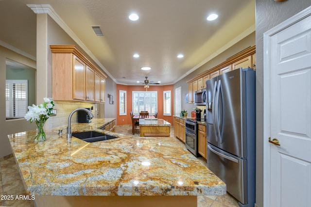 kitchen featuring light stone countertops, stainless steel appliances, kitchen peninsula, and sink