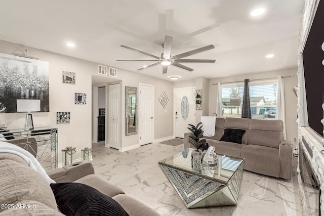 living room featuring ceiling fan