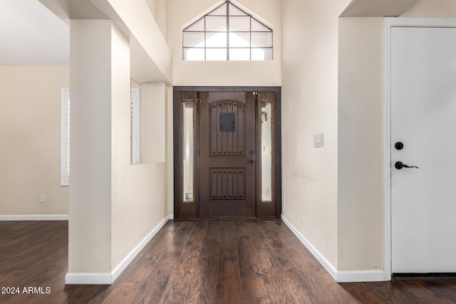 foyer with dark hardwood / wood-style flooring and a towering ceiling