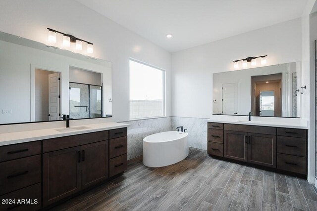 bathroom with tile walls, vanity, and independent shower and bath