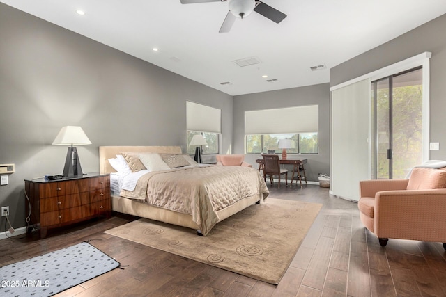 bedroom with visible vents, ceiling fan, baseboards, recessed lighting, and wood finished floors