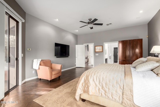 bedroom with visible vents, baseboards, dark wood finished floors, recessed lighting, and access to outside