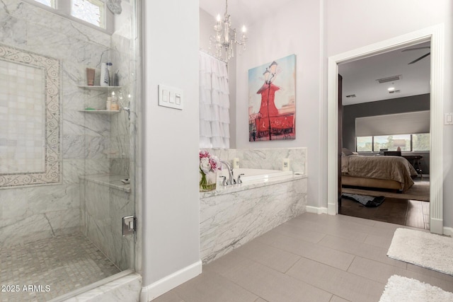 bathroom with a marble finish shower, visible vents, connected bathroom, baseboards, and a bath