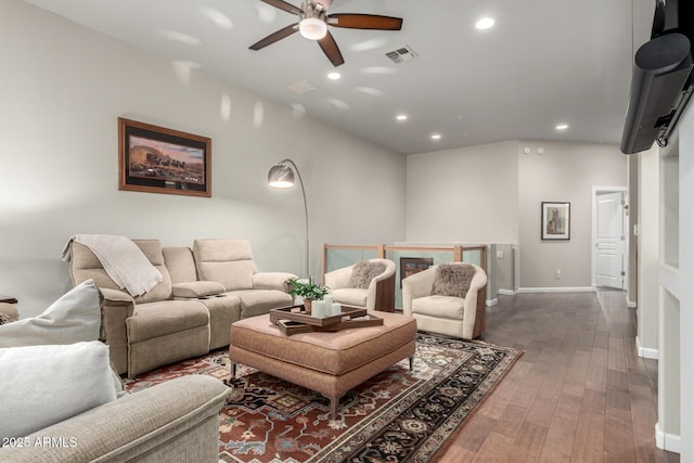 living area with visible vents, a ceiling fan, wood finished floors, recessed lighting, and baseboards