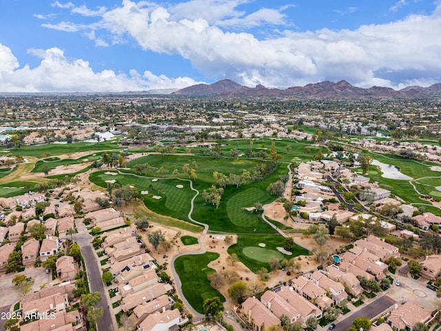 bird's eye view with a residential view, a mountain view, and golf course view