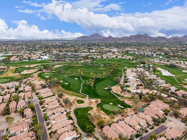 aerial view featuring a mountain view, a residential view, and golf course view