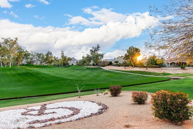 view of community with golf course view and a yard