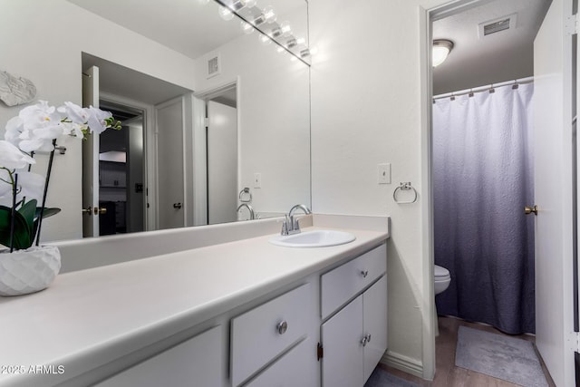 bathroom featuring vanity, toilet, and wood-type flooring