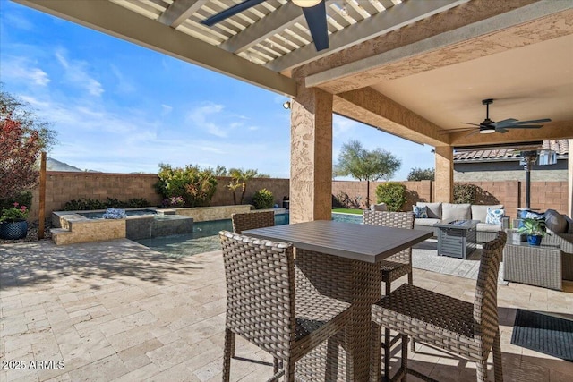 view of patio with an outdoor living space and ceiling fan