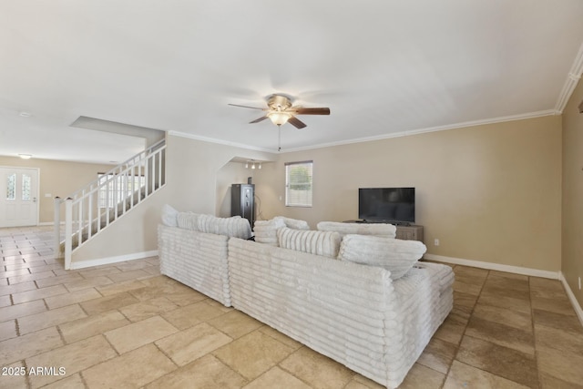 12748 N 57th Dr, Glendale, AZ 85304 - living room with stairway, a ceiling fan, baseboards, arched walkways, and crown molding
