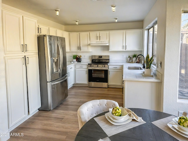 kitchen with under cabinet range hood, a sink, white cabinets, light countertops, and appliances with stainless steel finishes