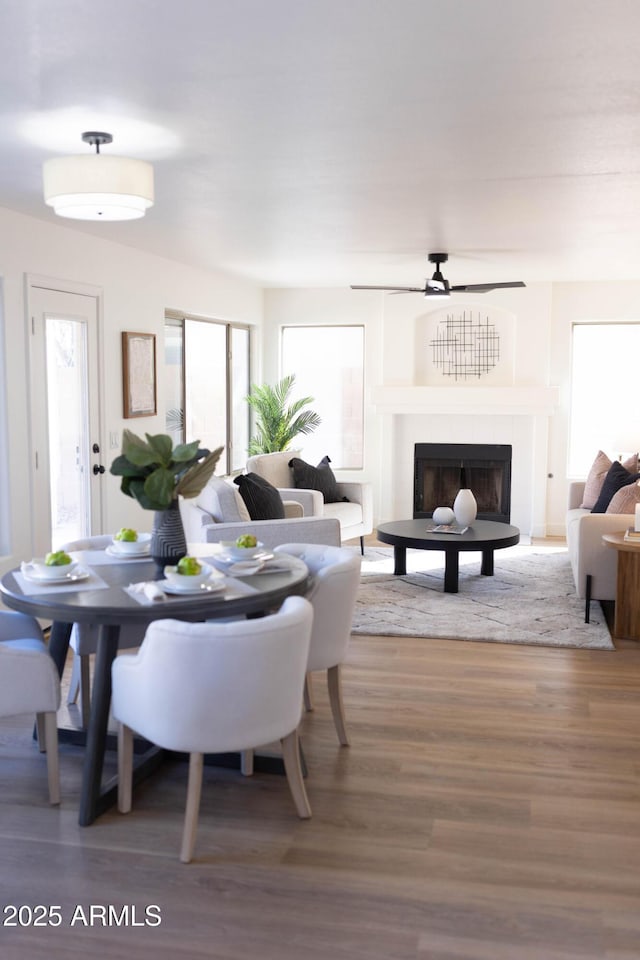 dining space with a ceiling fan, a fireplace with raised hearth, and wood finished floors