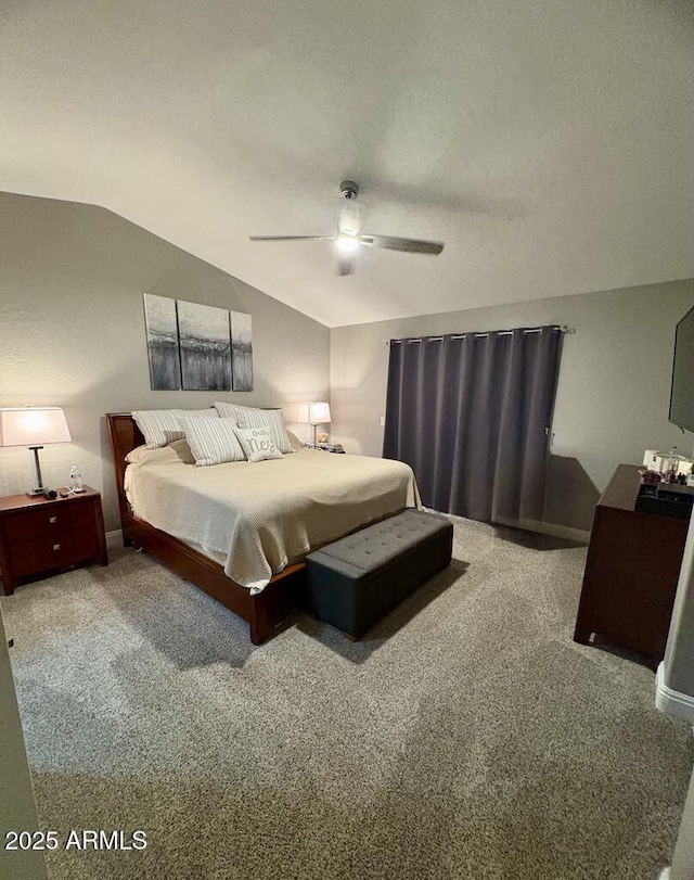 135 S Abalone Dr, Gilbert, AZ 85233 - carpeted bedroom featuring lofted ceiling, a ceiling fan, and baseboards