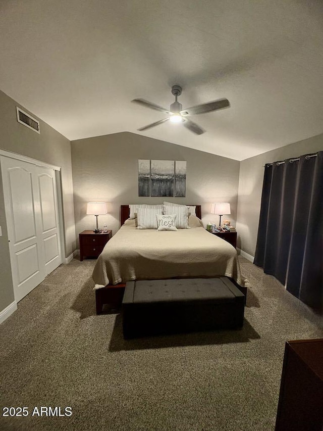 135 S Abalone Dr, Gilbert, AZ 85233 - bedroom with carpet floors, vaulted ceiling, baseboards, a ceiling fan, and a closet