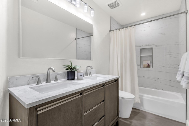 3037 E Bighorn Ave, Phoenix, AZ 85048 - bathroom with double vanity, a sink, visible vents, and shower / bathtub combination with curtain