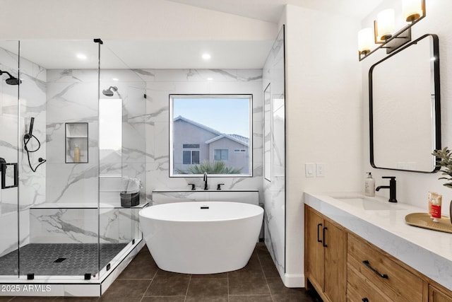 3037 E Bighorn Ave, Phoenix, AZ 85048 - full bathroom with recessed lighting, vanity, a soaking tub, a marble finish shower, and tile patterned floors