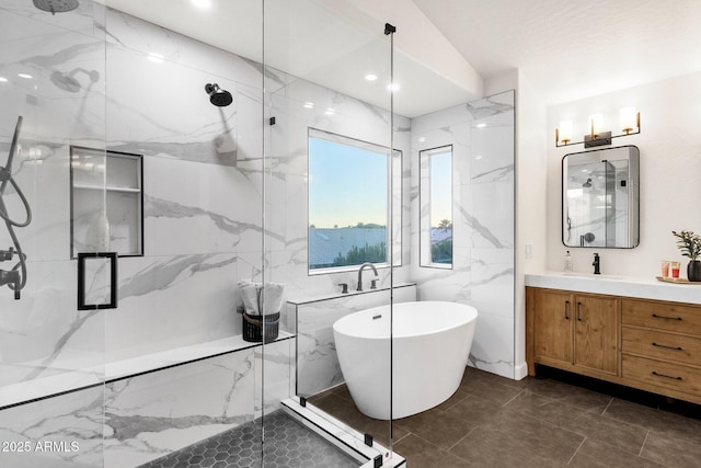 3037 E Bighorn Ave, Phoenix, AZ 85048 - full bath featuring a freestanding bath, a marble finish shower, and vanity