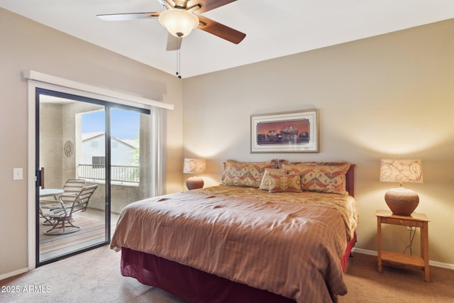 9555 E Raintree Dr E Unit 2061, Scottsdale, AZ 85260 - bedroom with ceiling fan, baseboards, light colored carpet, and access to exterior