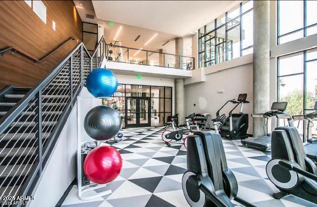 workout area with a towering ceiling