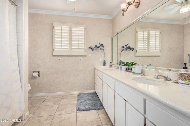 bathroom with vanity, tile patterned flooring, ornamental molding, and ceiling fan