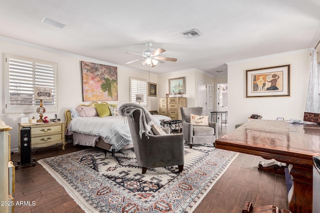 bedroom with multiple windows, ornamental molding, dark wood-type flooring, and ceiling fan