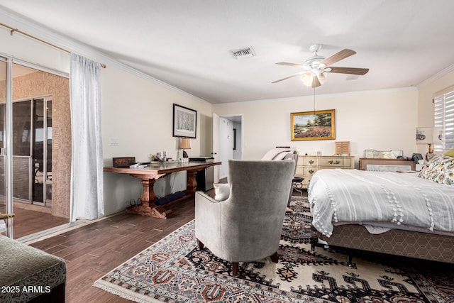 bedroom with ceiling fan, ornamental molding, and dark hardwood / wood-style flooring