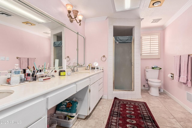 bathroom featuring tile patterned flooring, vanity, an enclosed shower, ornamental molding, and toilet