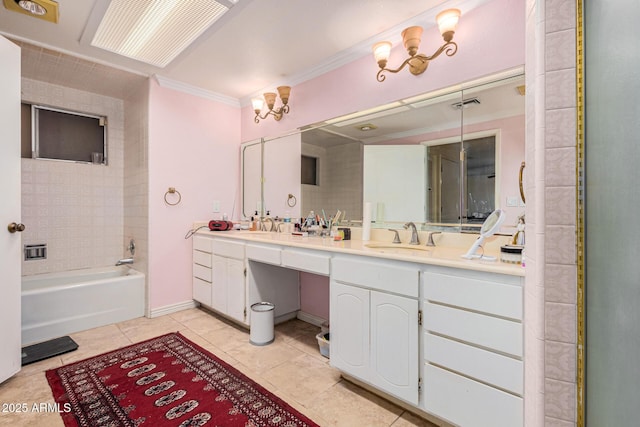 bathroom with vanity, tile patterned floors, ornamental molding, and tiled shower / bath combo