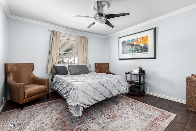 bedroom featuring dark hardwood / wood-style flooring, crown molding, and ceiling fan