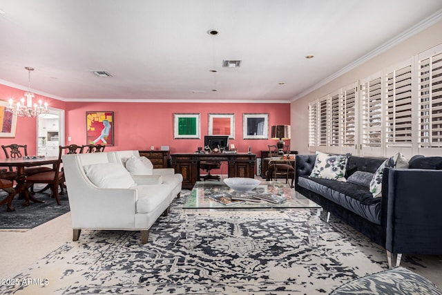 living room featuring an inviting chandelier, crown molding, and carpet