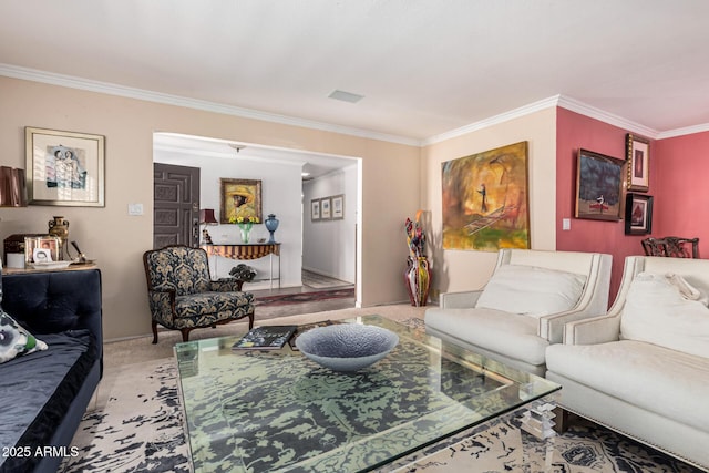 carpeted living room with crown molding