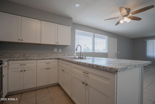 kitchen with a healthy amount of sunlight, a peninsula, white cabinetry, and a sink