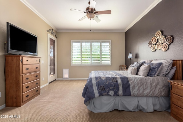 bedroom with light colored carpet, ornamental molding, baseboards, and a ceiling fan