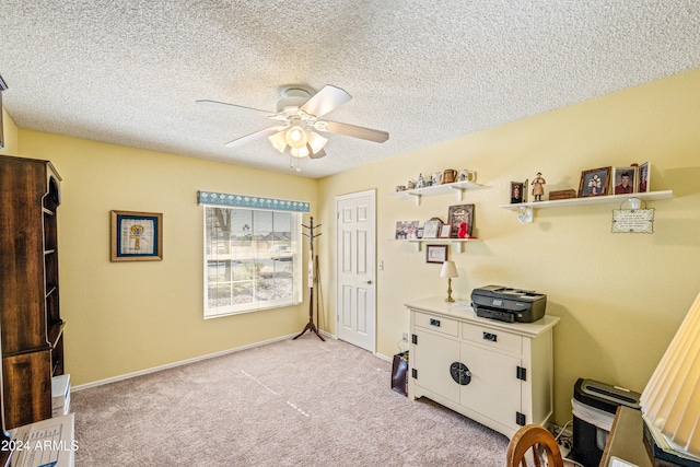 miscellaneous room featuring light carpet, ceiling fan, and a textured ceiling