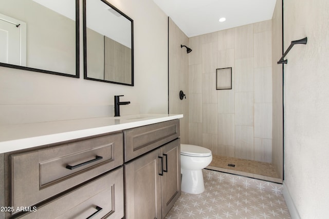2329 S Elm, Mesa, AZ 85202 - full bath with tiled shower, toilet, vanity, and tile patterned floors