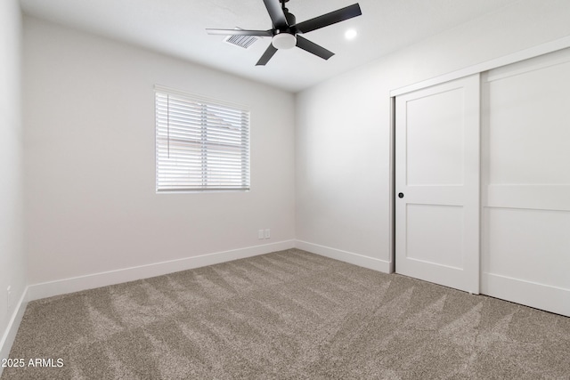 2329 S Elm, Mesa, AZ 85202 - unfurnished bedroom featuring carpet flooring, a closet, baseboards, ceiling fan, and recessed lighting