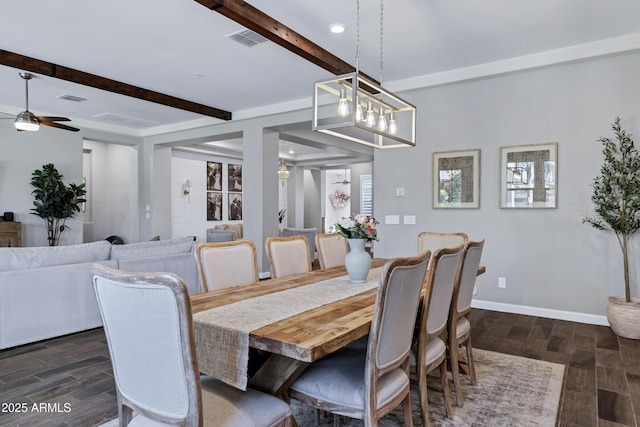 dining room with beamed ceiling, visible vents, and dark wood-style flooring