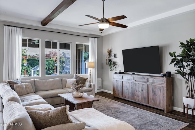 living area with baseboards, beamed ceiling, ceiling fan, and wood finished floors