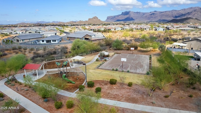 drone / aerial view with a residential view and a mountain view