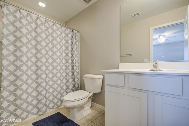 full bath featuring tile patterned flooring, vanity, visible vents, and toilet