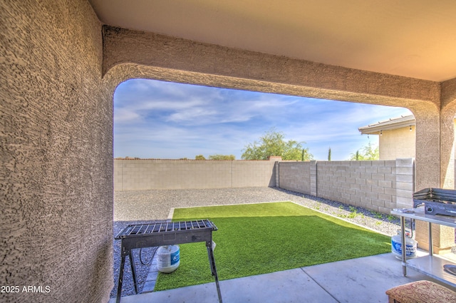 view of yard featuring a patio and a fenced backyard