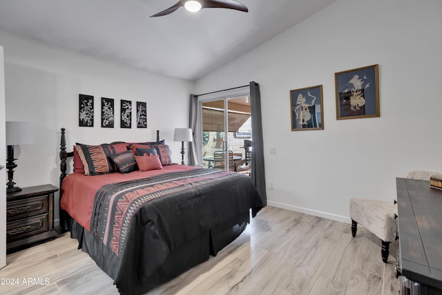 bedroom featuring access to exterior, light wood-type flooring, vaulted ceiling, and ceiling fan