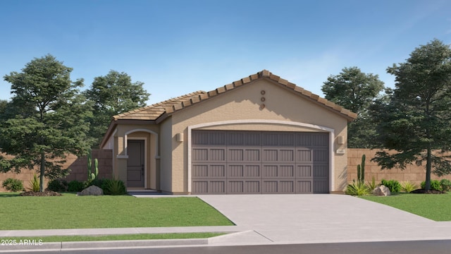 mediterranean / spanish house featuring a garage, concrete driveway, fence, a front lawn, and stucco siding