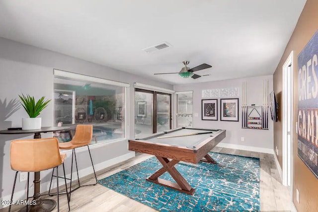 playroom with pool table, light wood-type flooring, and ceiling fan